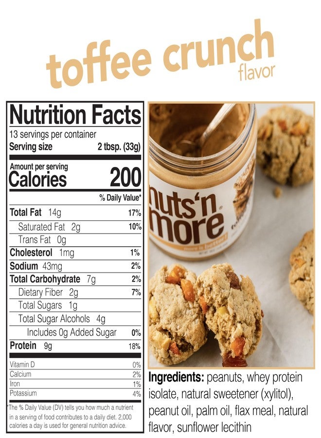 nuts'n more Nuts ‘N More Toffee Crunch Peanut Butter Spread - High Protein, Low Carb, Low Sugar, Gluten Free, Non-GMO, All-Natural Nut Butter Snack (15oz Jar) - Image 2